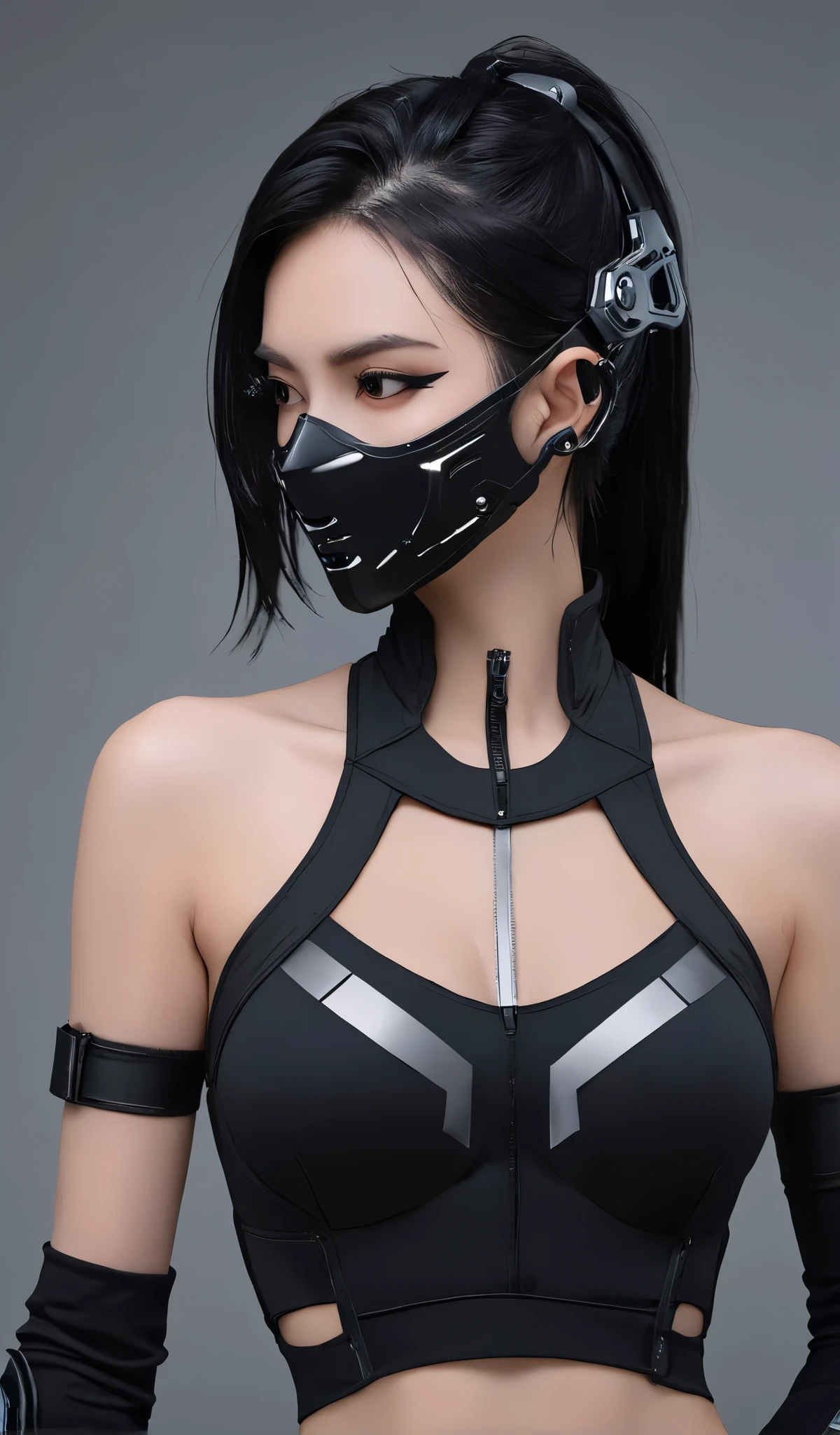 Woman in black with mask and all black cyberpunk clothes, wearing tech outfit and armor, photo of a woman in tech gear, dark sci-fi outfit, cyberpunk outfit, female assassin, futuristic tech costume, cyberpunk fashion clothes, jet black hair cyberpunk girl, cyberpunk clothes, cyberpunk outfit, tech fashion, in dark and light space soldier costume