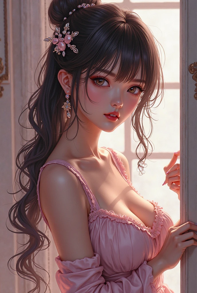 ((Best quality)), ((masterpiece)), (detailed: 1.3), beautiful woman, One girl, ((purple eyes)), Cinema Lighting, ((black hair, ponytail hairstyle, wavy hair, long bangs)), (pointy ears), earrings, piercing, tanned skin, ((pink short dress, off shoulders)), large breasts, cleavage, open clothes, thick ass, choker, necklace, beach, sitting, bedroom, pink walls, very detailed eyes, very detailed hair, very detailed clothes, very detailed face, beautiful eyelashes, sultry eyes, juicy lips, soft blush, posing sexily, provocative, looking at viewer, in love with viewer, very expressive face, smooth skin, freckles, natural eyebrows, soft smile