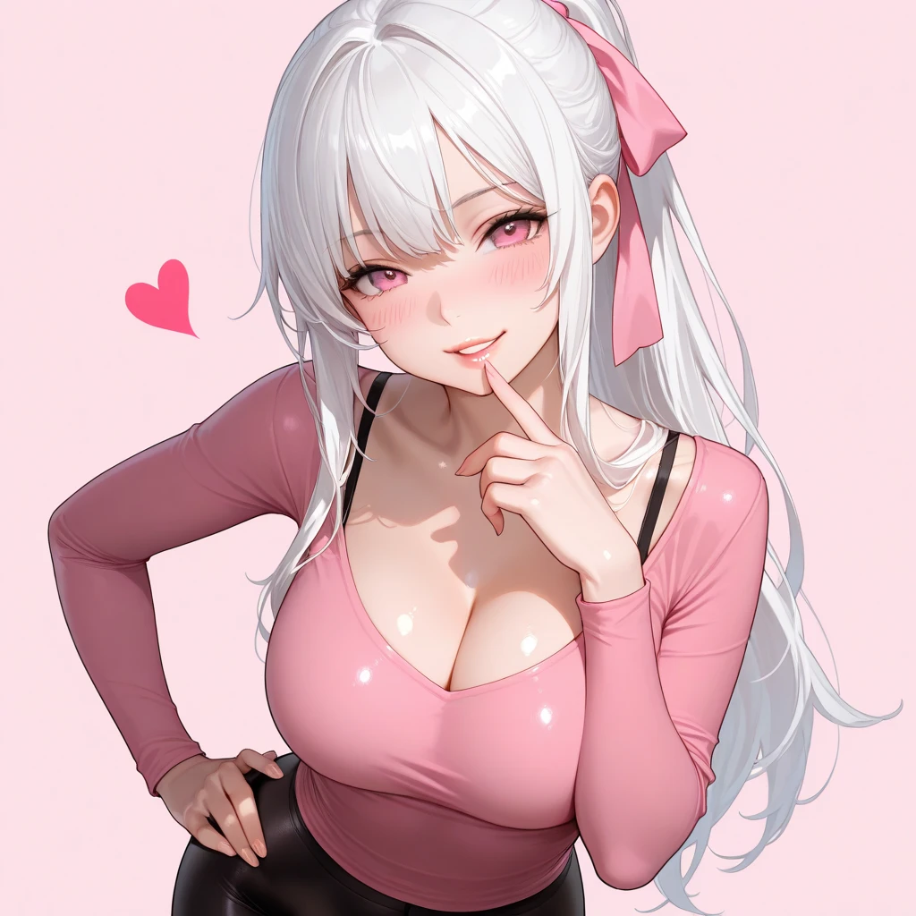 girl, heart-shaped pupils, fingernails, hands on own face, white hair, purple eyes,(blush:1.1), choker, upper body, trembling, sweat, sweatdrop, heart, (speed lines:1.1), large breasts, ((heavy breathing:1.3)), love, heart, crop top, happy, smile