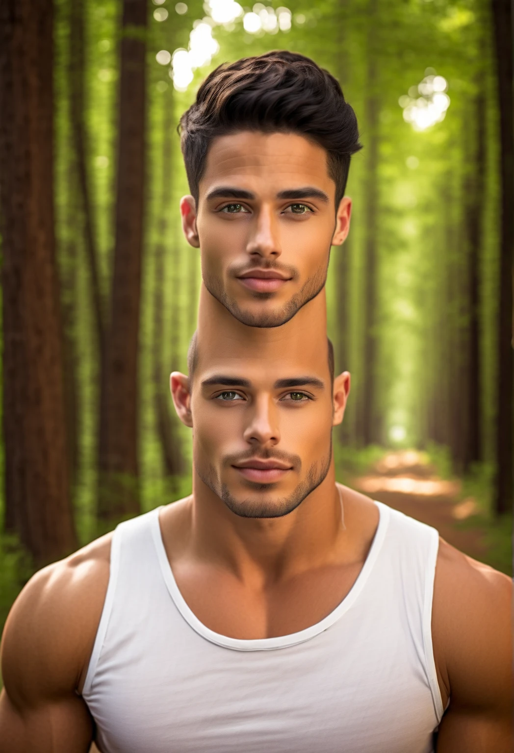 realistic, upper body, handsome man, forest, topless<lora:eyebrows_slider_v2_000000140:-5>, high skin texture, stubble, buzzcut