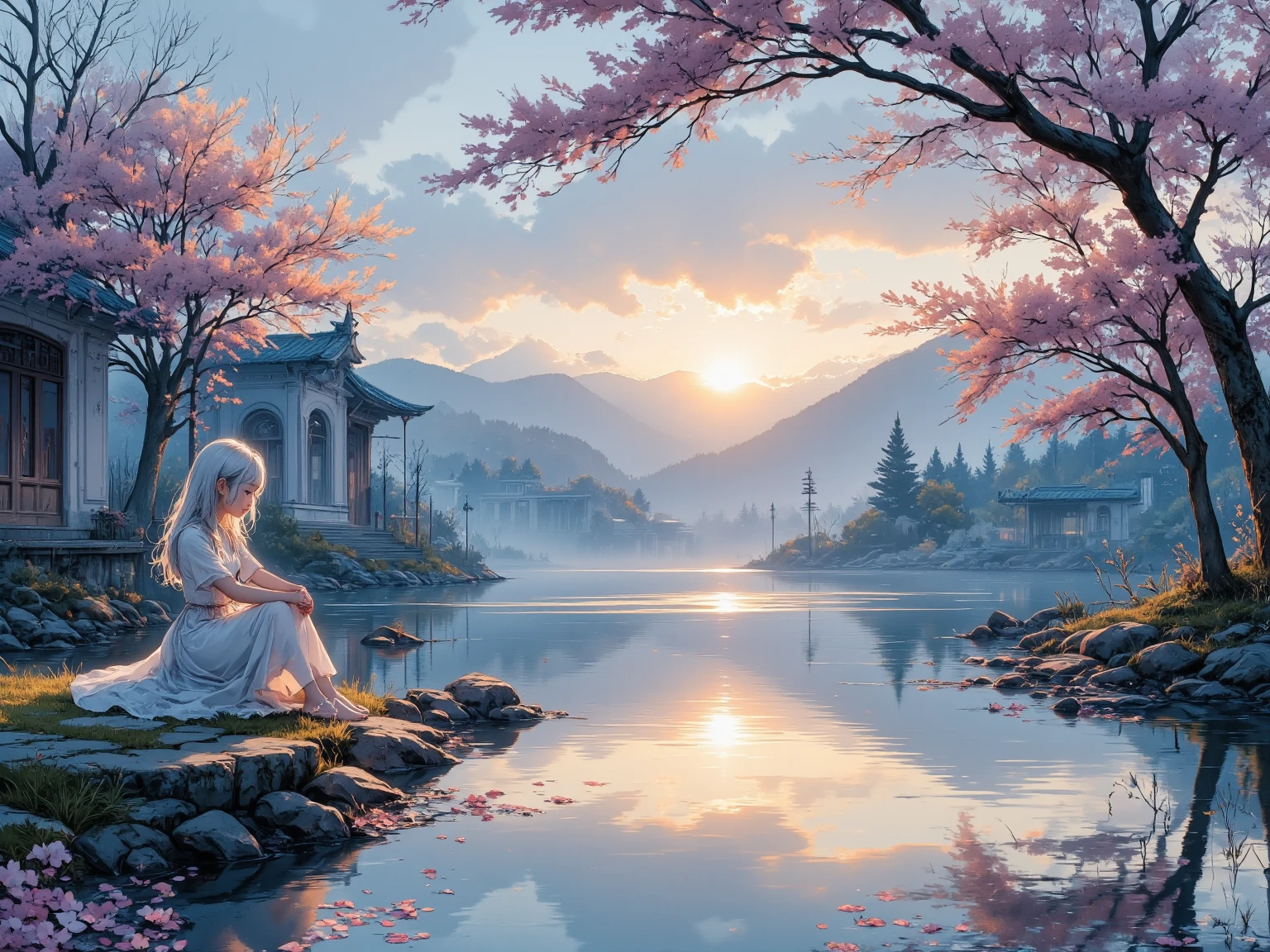 A serene riverside at dusk, gentle ripples on the water reflecting soft golden light. A girl in a simple dress sits quietly on a moss-covered stone, her gaze distant, lost in thought. Cherry blossom petals float on the stream, violin melodies seem to drift with the current. Soft acoustic tones, impressionistic lighting, peaceful and nostalgic atmosphere, pastel color palette.
