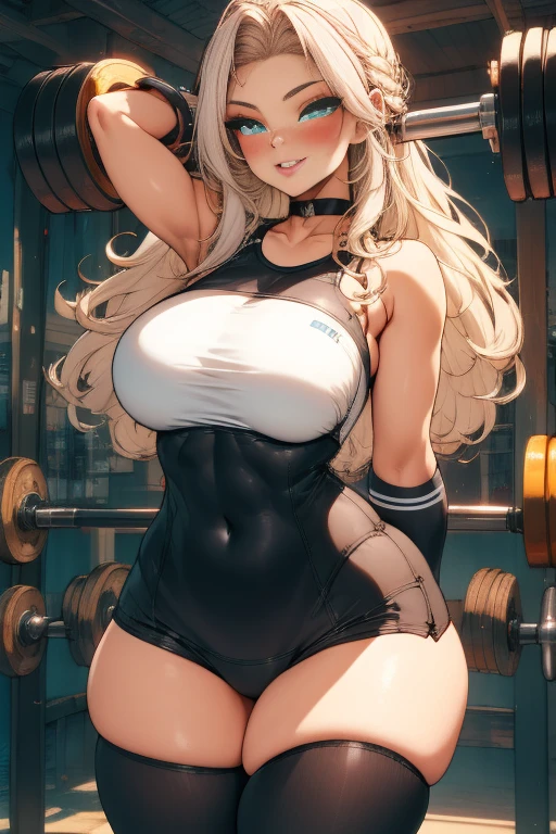 skin completely covered by clothing, high detail, Full body, wearing (tight shirt:1.2), beautiful detailed face, hazel eyes, (attractive fitness woman:1.3), (seductive:1.1), (blushing:1.1), hourglass body shape, complete shiny aerobic black and red latex bodysuit, big round breasts