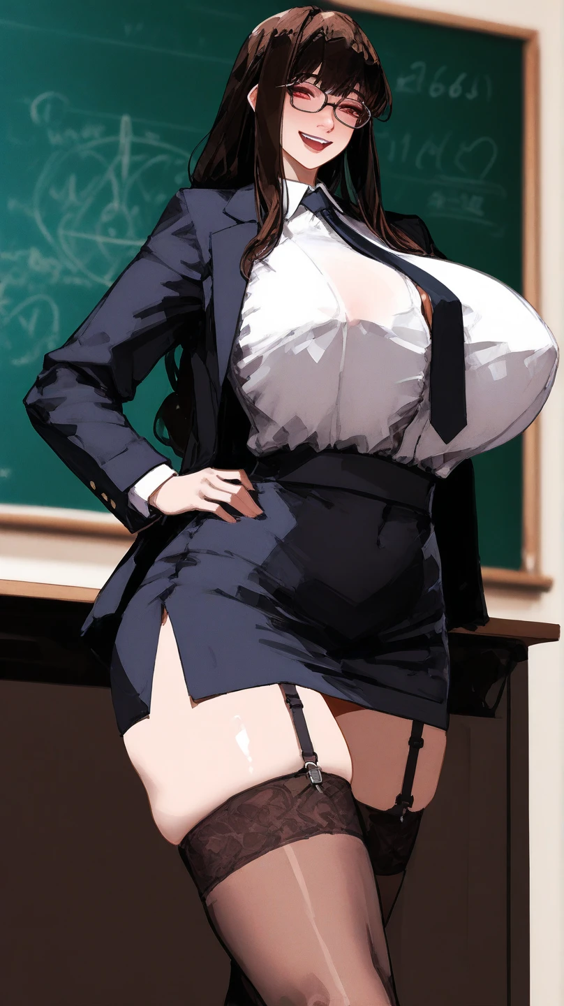 Highest quality, Mature Woman, Huge breasts, Huge Ass, Very curvaceous, High Ponytail, Iris, Fuller lips, Fascinating, Principal uniform, Black Blazer, White button up, Pencil Skirt, Exposed cleavage
