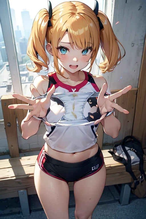 Vocaloid,Kagamine Rin, short hair,yellow hair, number tattoo,(see through white competition swimsuit,see through:1.5),(chibi:1.2),navel,thighs, Sweating,smile,open mouth,jumping, masterpiece,Noise Reduction,perfect anatomy,high resolution, ultra-detailed, ultra-detailed face,game cg,dutch angle ,beautiful detailed eyes,visualart,five fingers, perfect hands, perfect lighting, sparkling pupils,