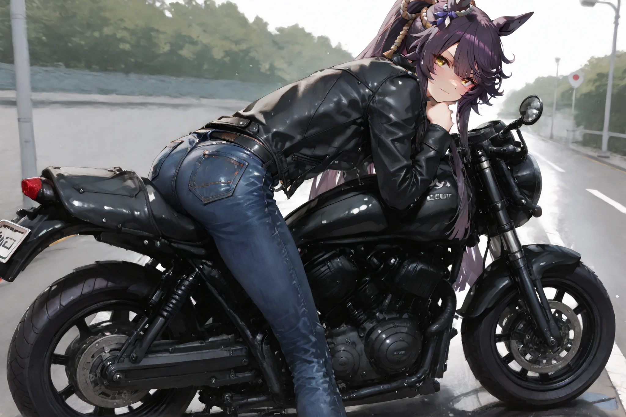 masterpiece、Narita Brian(Uma Musume)、yabuki、High Quality、8K、1 girl, Scout Bobber, Leather jacket, denim pants, ride motorcycle