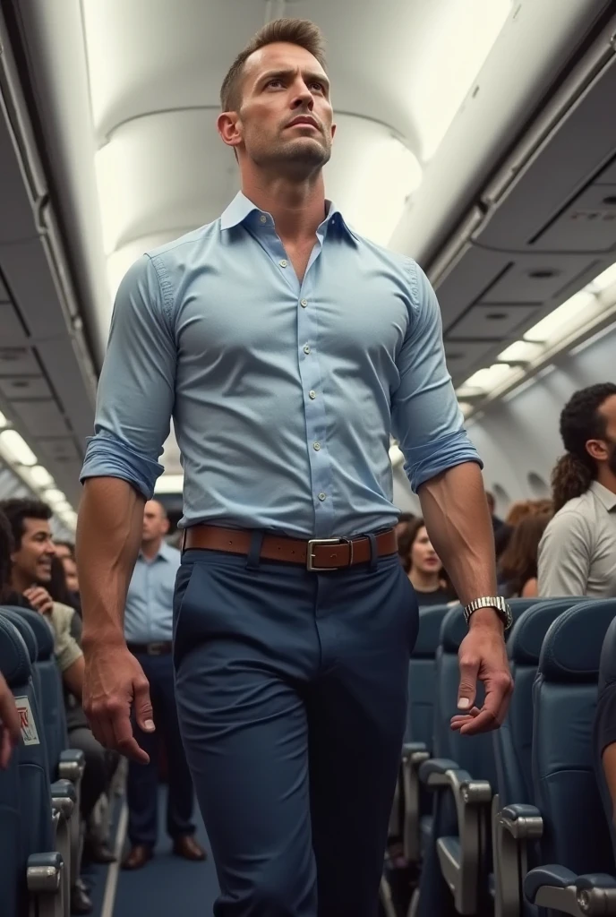 (male), handsome male CA, flight attendant, tan, muscular, full-body, iridescent swimsuit, on the plane, (high detail: 1 in 1), natural skin, high quality, NSFW, beautiful eyes, (detailed face and eyes), (face: 1 of 2), noise, real photo, PSD, sharp focus, high resolution 8K, realistic and professional photo, 8K UHD, soft lighting, high quality, film grain, Fujifilm XT3
