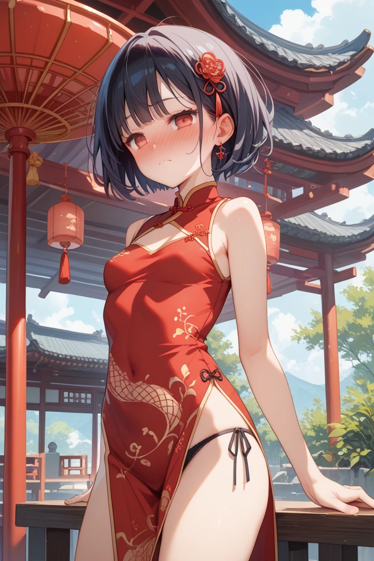 (best quality,4k,8k,highres,masterpiece:1.2),((chignon)),red cheongsam,traditional Chinese martial arts pose,cute girl,exquisite and detailed facial features,long eyelashes,beautiful detailed eyes,beautiful detailed lips,girl with a graceful smile,Chinese garden background,soft lighting,traditional Chinese architecture,subtle colors,beautifully painted illustrations,artistic interpretation, eye-catching accessories,hair ornaments that complement the hairstyle,delicate and elegant movements,flowing fabric of the cheongsam,Chinese fan,graceful posture,aesthetic appeal,harmonious composition, high contrast, clean lines, digital painting, vivid colors