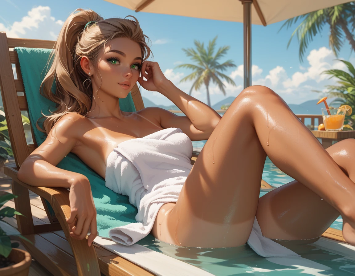 a blonde woman, blue eyes, chubby cheeks, full face. medium length straight hair over one shoulder. she wears a dark blue one piece bathing suit. emphasize her hair swept over one shoulder, leaving the other shoulder bare. detailed hands, correct number of fingers. emphasize that she is an adult, (((small breasts ))). She reclines on a deckchair, sunning herself. smiling.