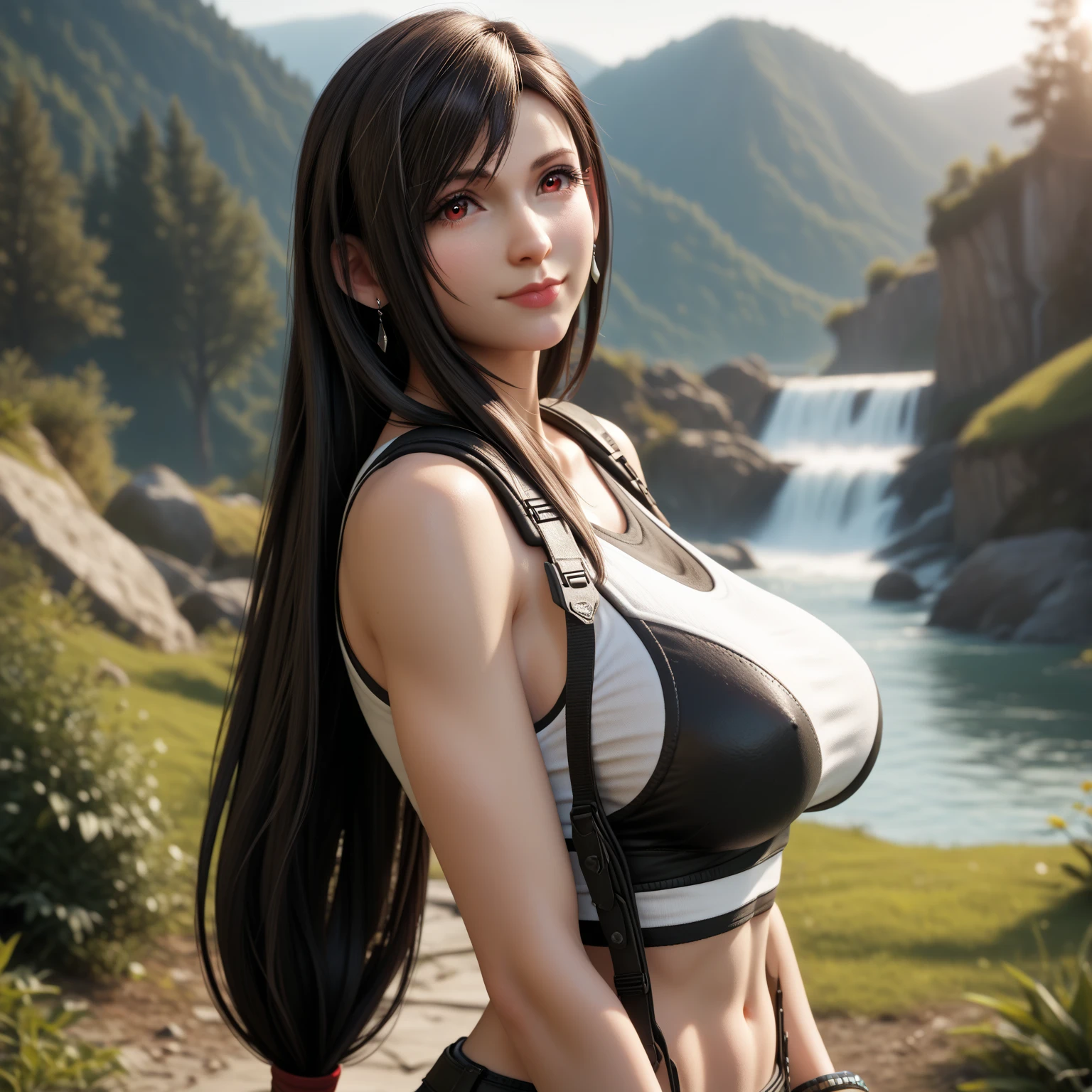 Tifa lockhart, tifa_lockhart,  ff7, sultry face, (white tank top:1.2), black miniskirt, (black long hair), hair bangs (red eyes:1.3) long eyelashes, beautiful red eyes with brightness, surrealism, shadow, stereogram, (photorealistic, realistic: 1.2), POV, atmospheric perspective, cinematic lighting, ray tracing, 8k, super detail, best quality, masterpiece, well detailed, (Canan EOS R6, 135mm, 1/1250s, f/2.8, ISO 400:0.9), in a vast field with mountains and a waterfall in the background, (huge breasts:1.5) red combat gloves, suspenders, fishnet stockings, teardrop earings,