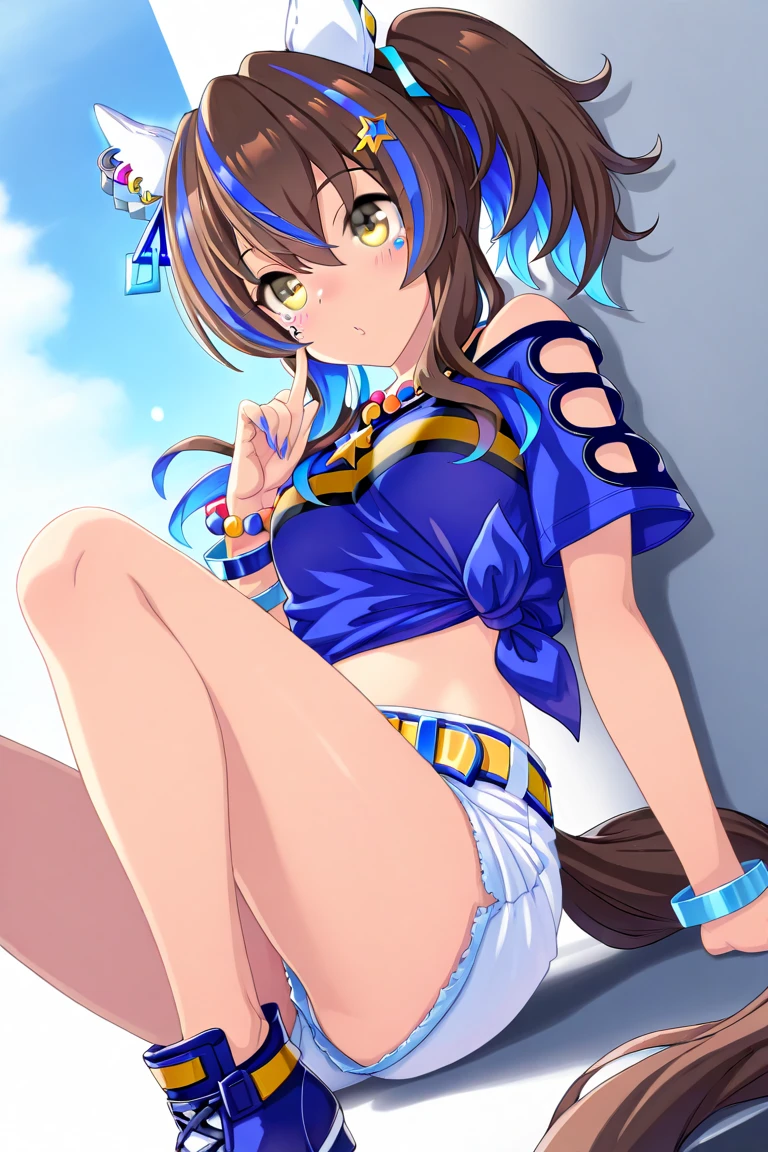 masterpiece, Highest quality, High resolution, Very detailed,(((Daitaku Helios))), (((Tuck up your clothes。))), (((smile))), Bare legs