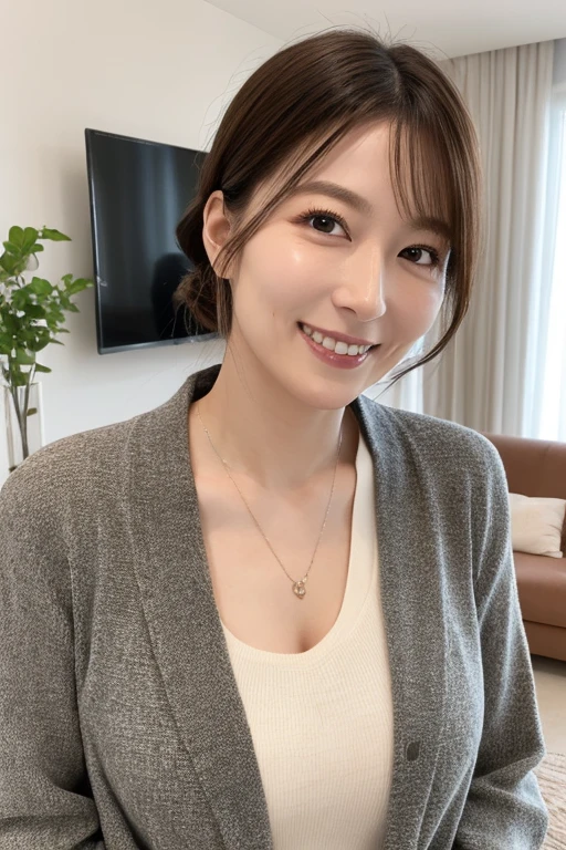 High resolution, high resolution, High detail, masterpiece, Rough skin, Anatomically correct, sharp, Plain Room Wallpaper Background ((Japanese Mature, 45 years old)), alone, ((Facial wrinkles)), Shapely large breasts, Straight light brown hair that reaches the shoulders, Chubby body type, (((Stand upright, Facing the center of the screen.))), Smiling and staring straight ahead, Hands next to face、Waving、Spring blouses, Spring Skirts,There are five fingers