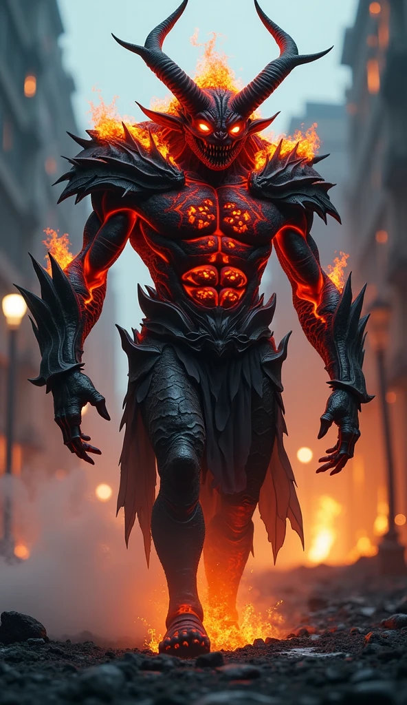 Dajjal,Scary,Big like a giant,Fire filled city background,Ultra detailed,Realistic.