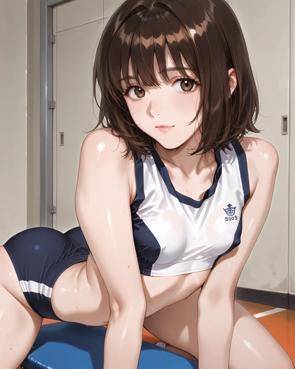 (One girl)、smile、Embarrassed、School Swimsuit、locker room、From below、Dark brown short hair、Dark brown eyes、Spread your legs