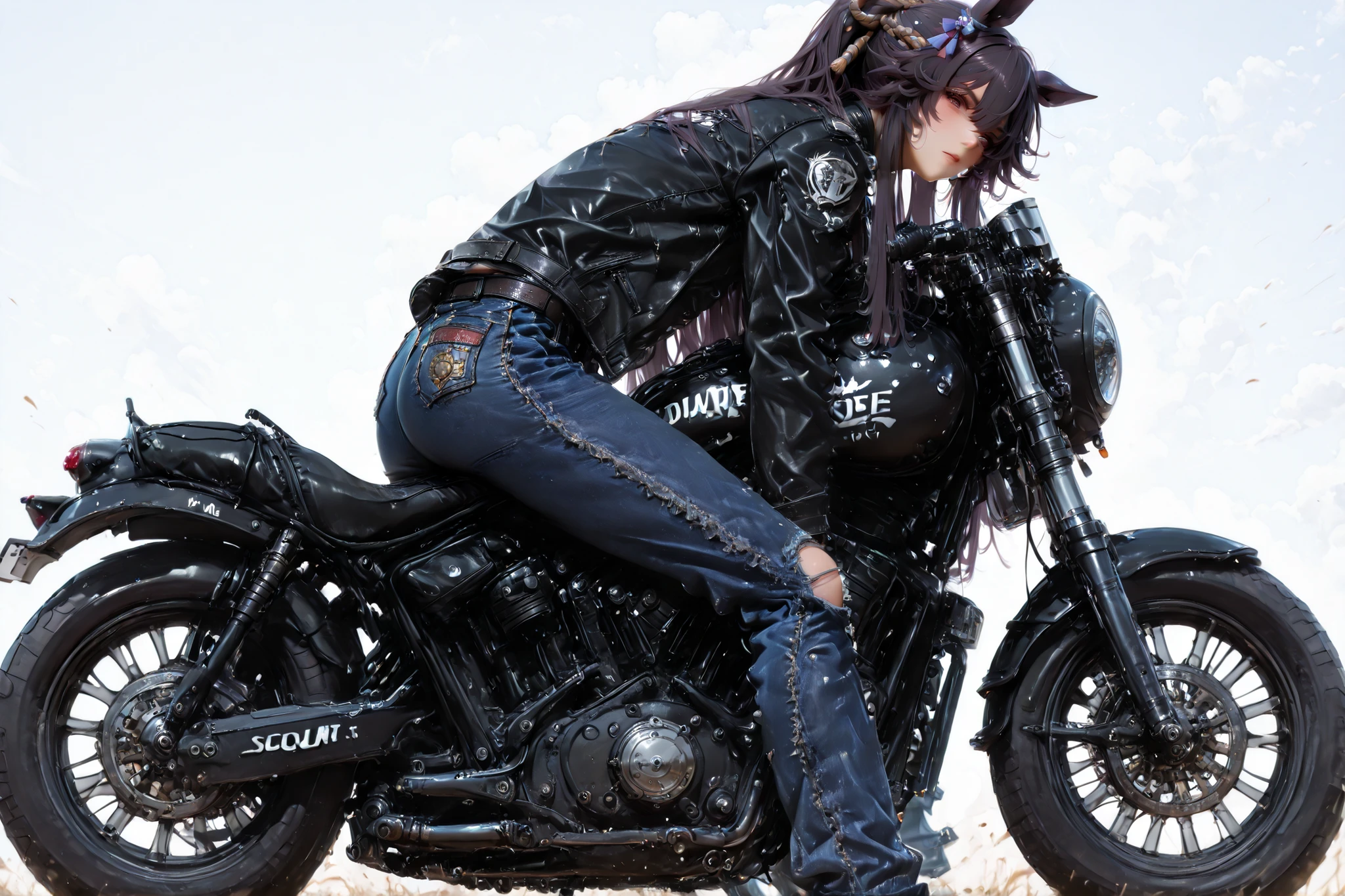 masterpiece、Narita Brian(Uma Musume)、yabuki、High Quality、8K、1 girl, Scout Bobber, Leather jacket, denim pants, ride motorcycle