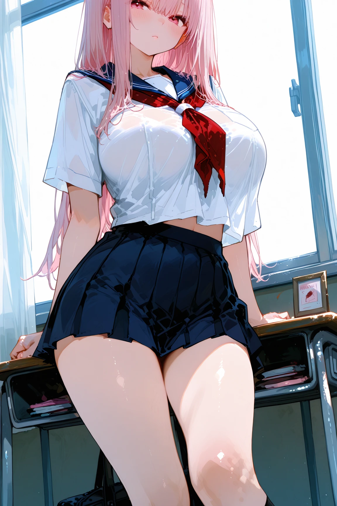 Nsfw, 1girl, huge tits, pink hair, pink eyes, smile, in the classroom,school uniform, sailor suit,over knee socks,best quality, high quality, masterpiece
