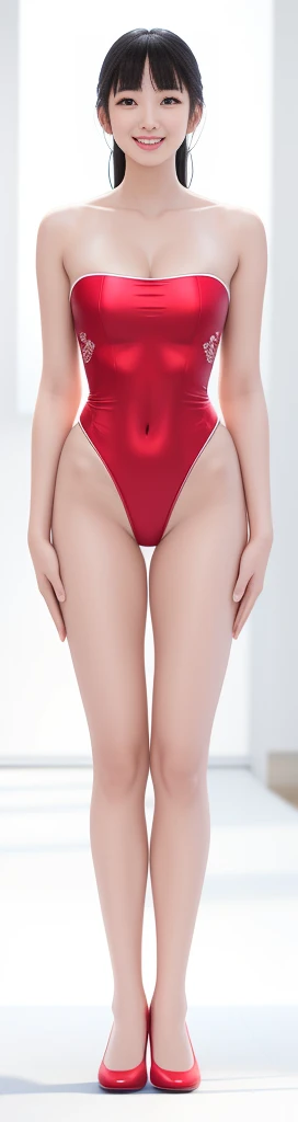 On a white background,A tall and beautiful Chinese girl,with fair skin,Toothy smile,A big smile,When you laugh, Your eyes are crescent-shaped,blunt bangs, long straight hair,Wear a one-piece swimsuit and pumps,Swimsuits are decorated with joyful patterns, Stand up straight,Stand upright,hands on sides,Symmetrical distribution,Ray tracing,All shaded areas,No windows, Soft lighting, Warm light, flood light, no lights on the top, Studio light, 1.4x Realistic Ultra HD