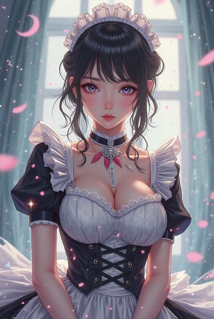 ((highest quality)),(ultra high resolution),(Super detailed),(detailed description),((best CG)),(best work of art),super precision art, great drawing art,(Art with precise details:1.5), (1 woman:1.5), beautiful and well-shaped face:1.5,(Beautiful skin with precise and detailed depiction:1.6),(Very precisely depicted sleeveless frill blouse and long pleated skirt:1.5),provocative angle:1.6,gorgeous, beautiful young teenage girl, 13 years old, lightly tanned white skin, loose and flowing silky thigh-length negligee sleepwear, short shoulder length hair, sleek dark violet-black hair, Bob-cut hair, big round velvet colored eyes, fringe bangs over forehead, oval shaped face, sharp facial features, high-bridged nose, full cherry pink lips. medium height(172cm). D-cup breasts, small narrow waist. small delicate curvy hips, smooth silky thick thighs, large round ass, hourglass figure, slim yet plump thick build, standing upright, full body picture, hip-level shot. classy and opulent bedroom setting