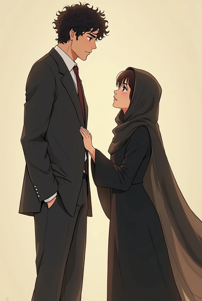 Anime japan style of a Muslim woman stopping herself from shaking hands with her brother-in-law. The focus is on the woman's hand raised as if to refuse, with both of them dressed modestly. The background is neutral and soft, emphasizing the clear boundaries without distractions
