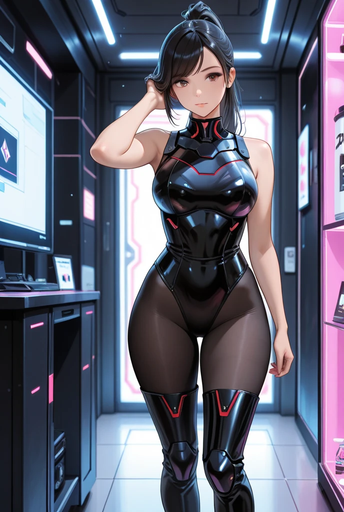 Milf, woman in a futuristic suit, highly detailed face, cool, mom, tomboy, very large breast, (Milf), mature face, (mature female), cybersuit, anime girl wearing tight suit, milfication, Elegant body, navel focus, naked body, gloves, earrings, science fiction, female protagonist, standing, volumetric light, detailed lighting, detailed textures, oppai cyberpunk, biomechanical oppai, masterpiece, best quality eyes, sci-fi background, futuristic landscape, low angle, (smooth surface), (simple body suit), black hair
