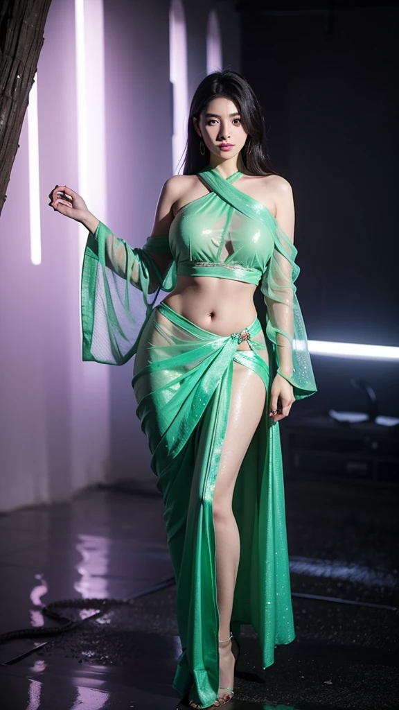 Beautiful woman posing, straight photoshoot pose, full body portrait, moonlit night of the shooting stars, night time, winter, walking on forest path, detailed face, cute, big eyes, iconic, photorealistic, mountain temple, detailed background, big huge large breasts, huge large round ass,huge large bubble butt ,sexy saree, long wavy hair, huge large cleavage, symmetric face, masterpiece, 8k, ultra realistic