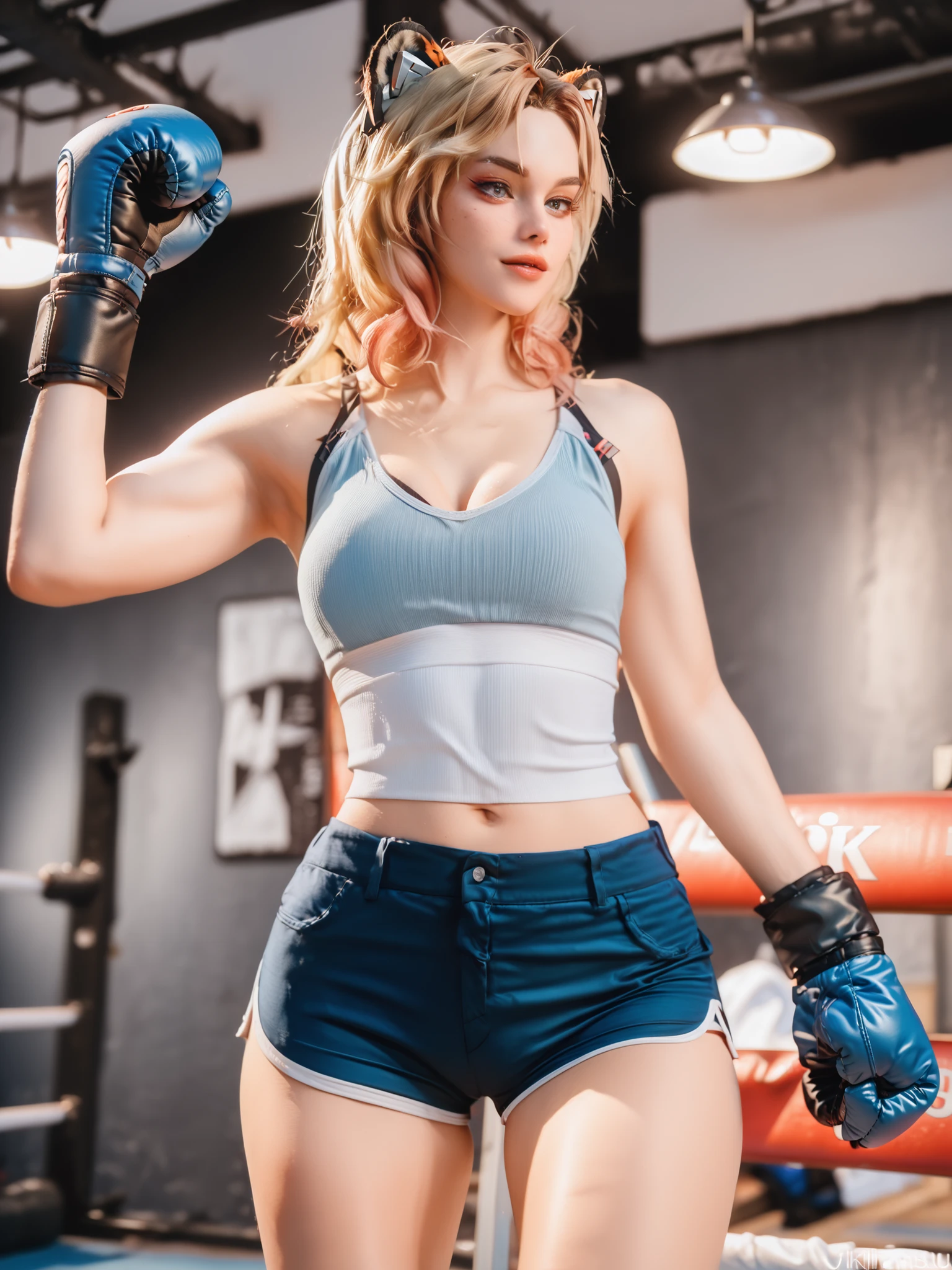 8k ultra hd, photorealistic, hyperdetailed, 3d rendered, masterpiece, spor salonu, xilonen-gi, blonde hair, long hair, knit , tank top, short shorts , boxing gloves , tiger girl, fitness