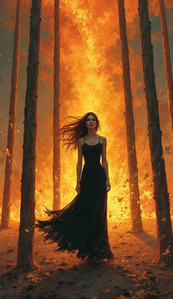 Digital art: blonde woman in a burning florest
