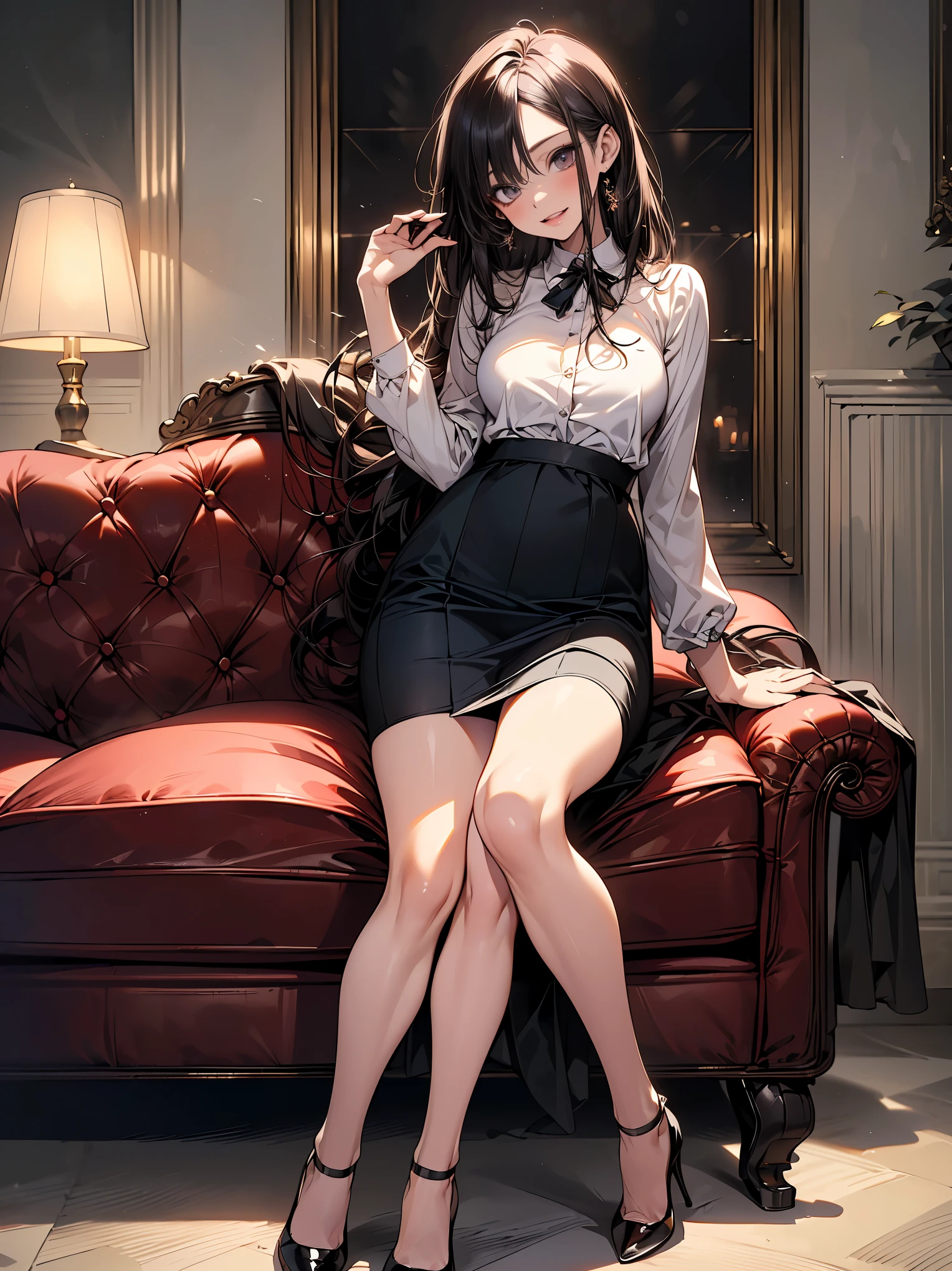 ((Biologically correct limb count))、(( Full-body photo including face))、4K、masterpiece、((Focus on the face))、((Symmetrical facial features))、Eye for detailed depiction、Beautiful woman、Excellent style、Beautiful clavicle、Beautiful feet、Beautiful Hands、Slender body、(Small Ass、Thin thighs,Big Breasts）、(High heels）、Detailed depiction of the face、Small earrings、necklace、(shirt、(mini skirt))、Glancing sideways、Great background、Low Angle,Reading a book,Sitting