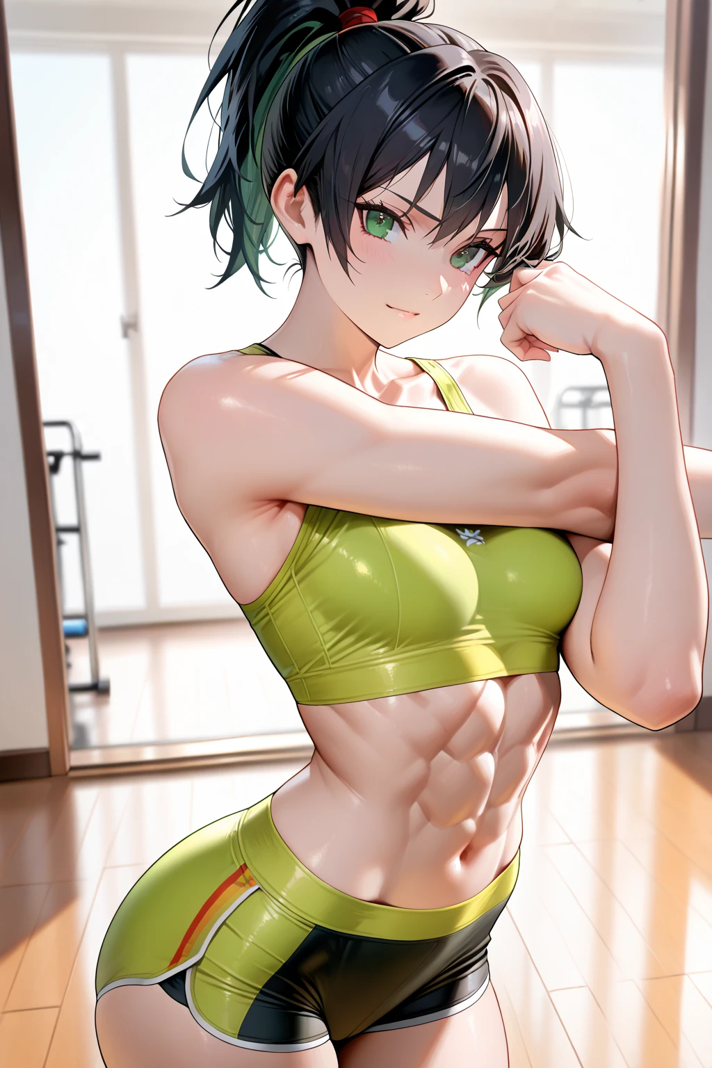 1 girl, ((20 years old)), (((beautiful woman)), ((green hair)), ((short hair)), ((wearing tight shorts)), ((wearing tight top)), ((orange eyes)), ((wearing glasses)), (((detailed abs)), ((Athletic Body Woman)), ((dynamic pose)), #Explanation: A pretty girl with short green hair, she wears glasses, a tight top and shorts.