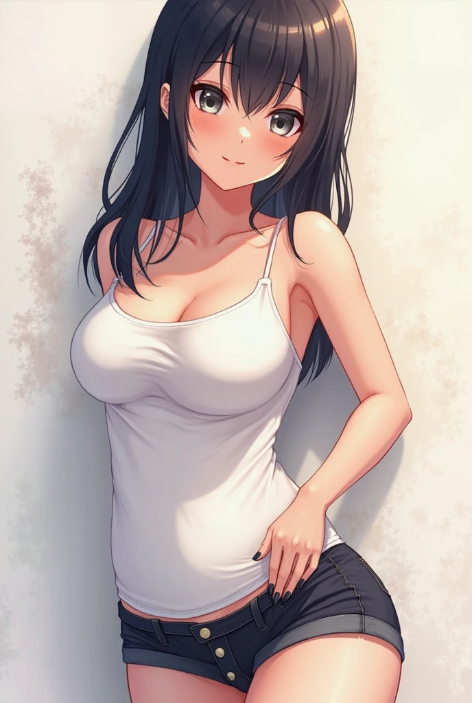 Anime Woman with a busty body and white casual clothes medium length black hair and blue eyes.