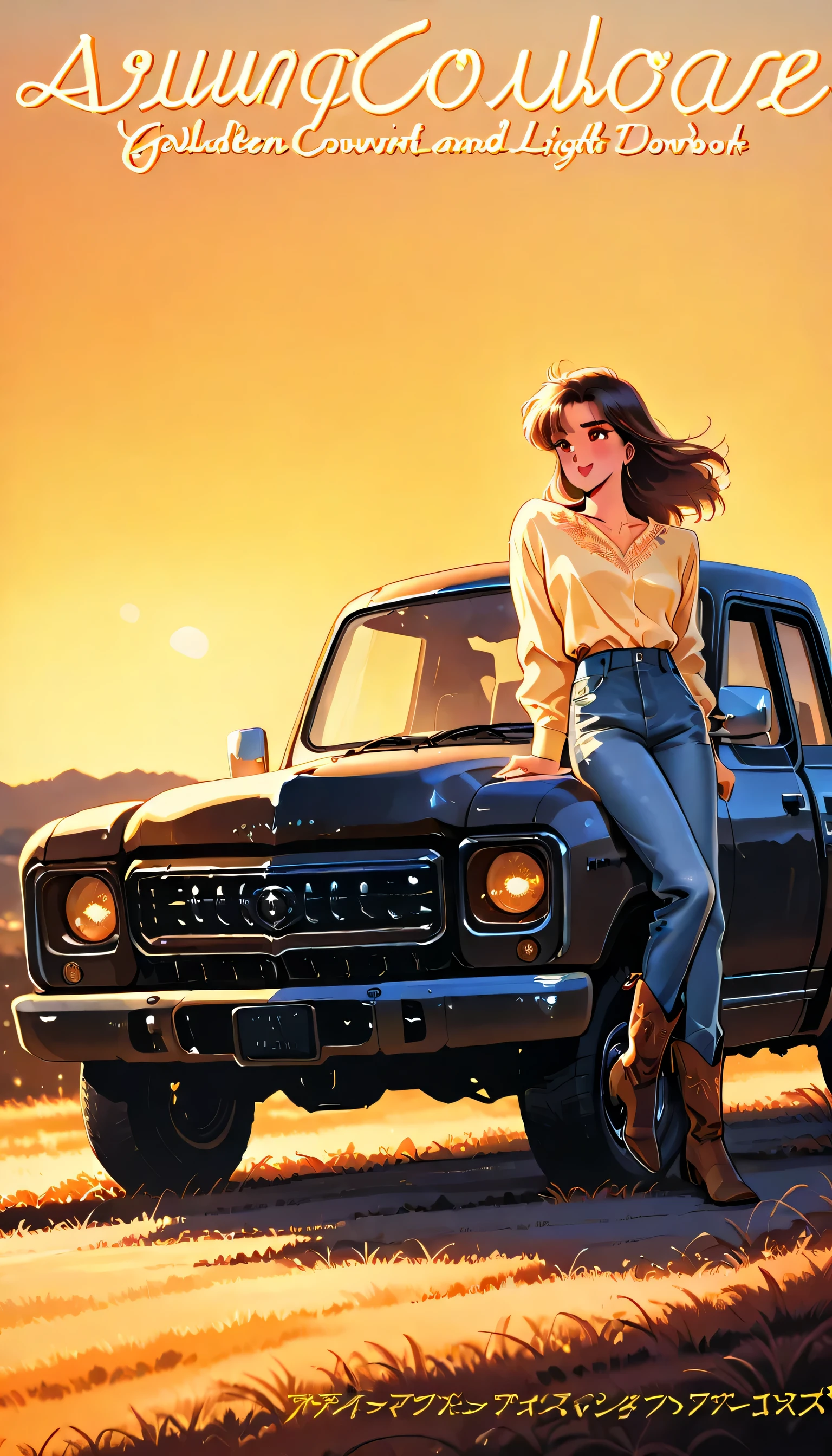 Retro-style country album cover, a young rugged man in jeans and cowboy boots leaning against a vintage Silverado truck at sunset, soft golden hour light, open fields in the background, romantic and nostalgic atmosphere, warm tones, southern Americana vibe, cinematic look