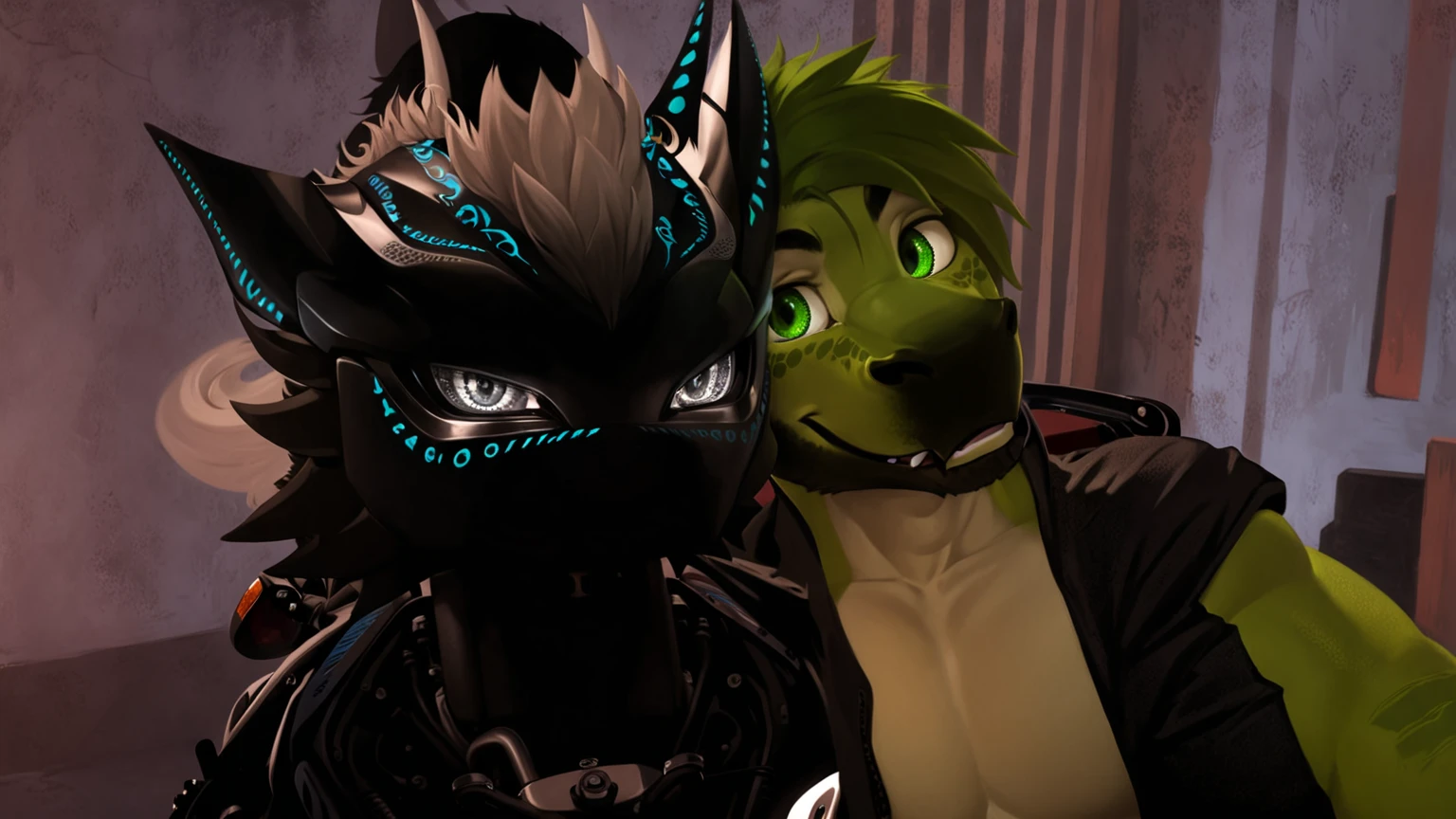 anthro, (green protogen, green eyes), (red protogen red eyes), black fur, reggie, male, duo, frottage wearing headphones, embarrassed, sitting back, humanoid penis, erection, mouth open, penis focus, stroking penis, black pupils, photorealism ,by zaush, by ruan jia, by jay naylor, by nuzzo, by disney, by pino daeni, (4k), HD, quality, looking horny, black pupils, photorealism , music studio setting, (4k), HD, quality