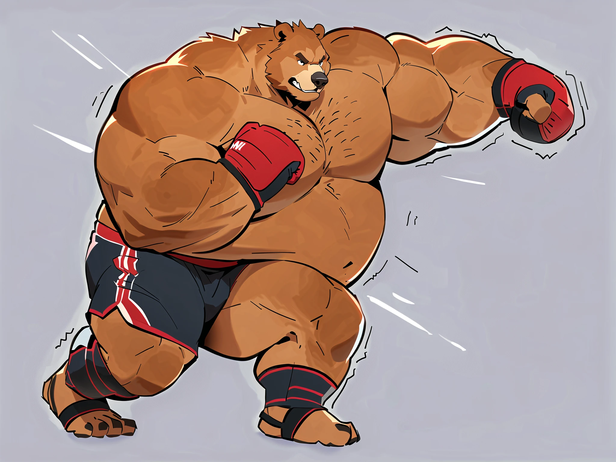 solo, 1boy, Huge Muscular kodiak Bear, huge brown fur, pectoral, huge pectoral, wide pectoral, thick neck, height: 220cm (7’8), weight: 270kg (440lbs), detailed eyes, black MMA shorts with red line slits, MMA gloves with red knuckles pads, ankle support brace, shirtless and topless, brown fur, gym background, masterpiece, high detailed, realistic, 8k, high resolution, at the gym, training his punches 