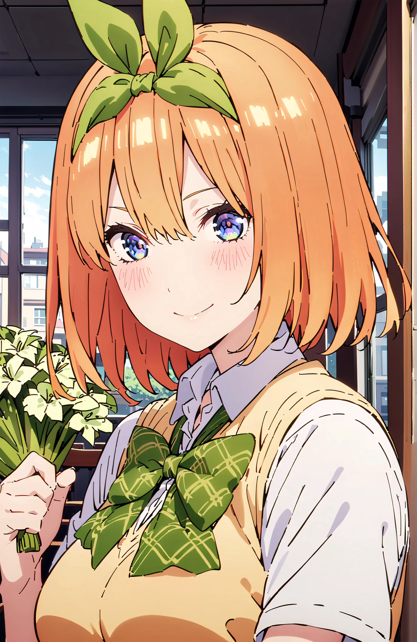 score_9, score_8_up, score_7_up, 中野四葉, solo,bungs, short hair, blue eyes, hair between eyes, hair ribbon, headband, orange hair, (green ribbon:1.5), smile,blush,grinning,Big Breasts,
in their 40s skirt, shirt, bow, ribbon, uniform, white shirt, short sleeve, green mini pleated skirt, collared shirt,bowtie, black socks, loafers, green bow, sweater vest, green ribbon, (yellow sweater vest:1.5),Holding a green bouquet with one hand,standing,curtains,window,machine,chairs, Flower blowing snow, Beautiful Streetscapes,
in their 40s indoors, Classroom,
in their 40s looking at viewer,full body,
in their 40s (masterpiece:1.2), Highest Quality, high resolution, Unity 8k Wallpaper, (Illustrations:0.8), (beautifully detailed eyes:1.6), very detailed face, perfect lighting, very detailed CG, (perfect hand in h, perfect anatomy),