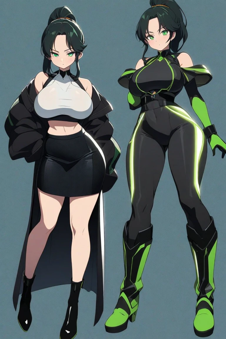 masterpiece, best quality, highly detailed, 8k, (pure grey background:1.2), anime, (2D:1.1), (1girl:1.2), 30-year-old queen, (athletic body:1.2), abs, (muscular:1.2), beautiful face, shining eyes, (long legs:1.2), red long hair, big breasts, wearing green stockings, wearing green long boots with high heels, slender waist, tight butts, cool, opening mouth, korean idol, (full-body image:1.2), (showing off her body:1.2)