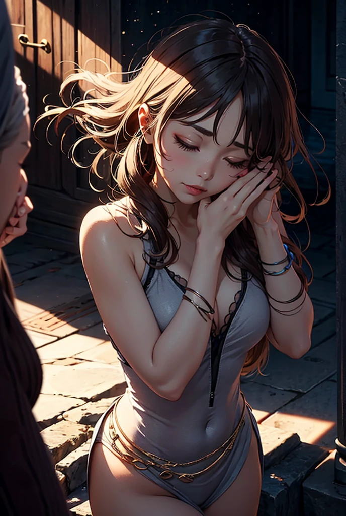 a seductive girl wrapped up in a soccer net and she struggle