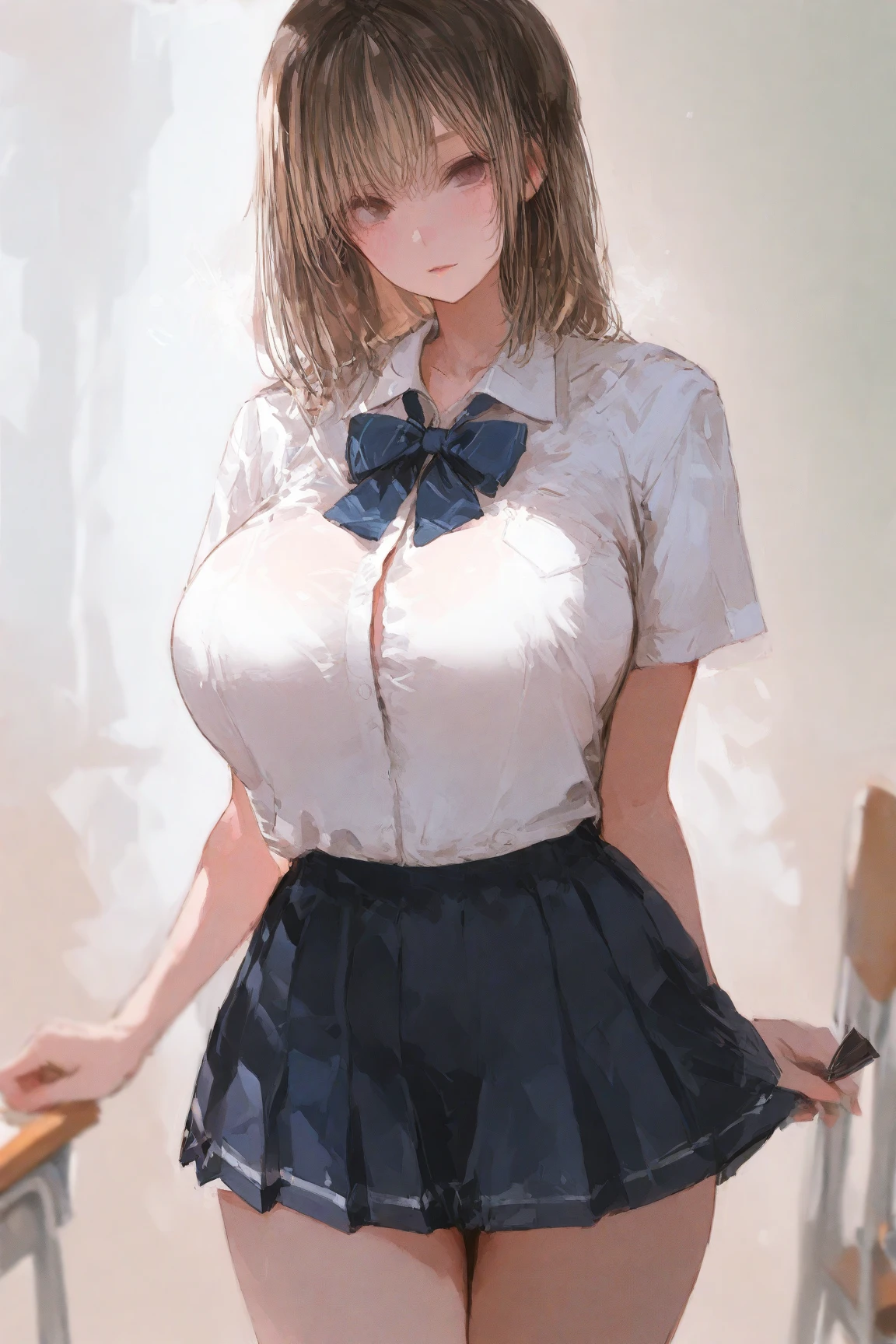 solo 1 girl standing with open legs, (school uniform), too short miniskirt, huge perky breasts, bursting breasts, short torso, inconceivably thin waist, lifting own skirt, thin long legs, nose blush, open mouth, nsfw, heavy breathing, (show off squirting vagina for viewer:1.3)