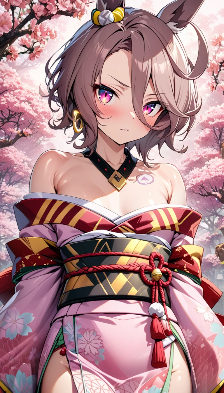 Fraction_9, Fraction_8_up, Fraction_7_up, Fraction_6_up, Fraction_5_Direction_4_up intricate_detail_XL, Cherry blossoms, Simple background, Dark theme, Gradient background, Brown hair, Orange Hair, Gradient hair, Cross your arms, (pout:0.9), Slightly frown,Anime Girl,Large Breasts