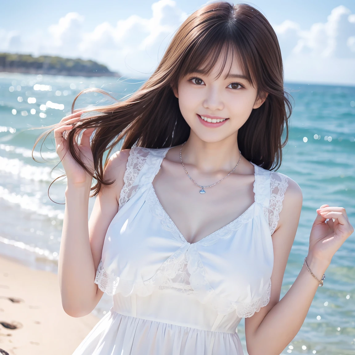 Photo-realistic quality、squatting on the beach、A Japanese woman wearing a white, loose-fitting mini dress, Realistic young gravure idol, Cute young woman, Beautiful girl model, Beautiful Asian Girl, Graceful smile pose, a Cute young woman, ,Japanese Model, Cute seductive smile, Real fleshy gravure idol, Smiling Kindly, Beautiful model girl, Cute Smile、looking at the camera、Detailed and beautiful eyes