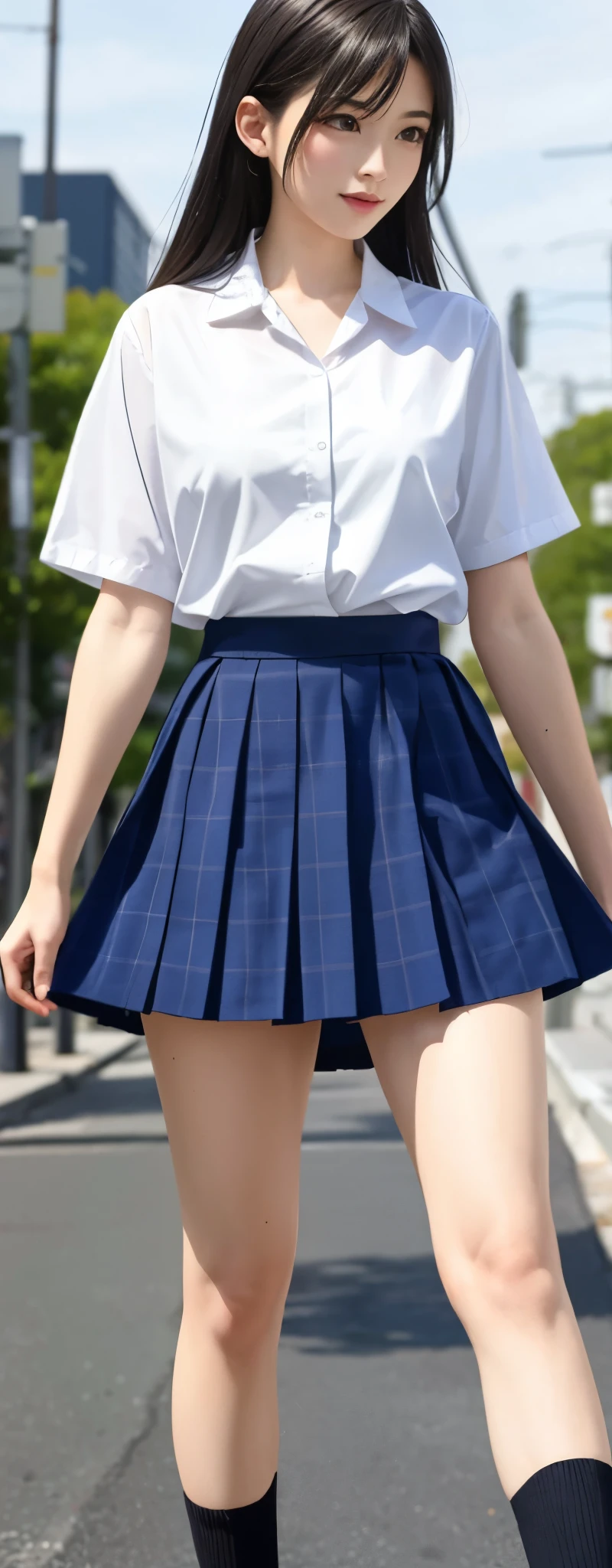 ((masterpiece)), 8K, highest quality, 1 girl, alone, beautiful face, gentle expression, genuine, cute, dark blue skirt, Dark blue ribbon, Summer Short Sleeve Uniforms, (Japanese high school girl), smile, ((turn around and look at the camera)), long hair, normal breast, full body shot,