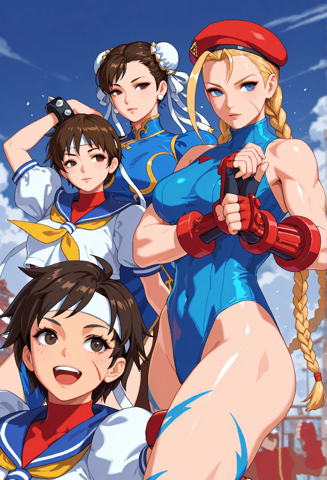 Masterpiece, Best Quality, Highly detailed, illustration, absurdres, street fighter, doll suit, shadaloo doll, agent aika, girls, multiple girls, expressionless, nazi saluting, military, military saluting, salute, blank eyes, looking at viewer, red gloves, emotionless, black latex, corrution, mind control, female combatant, full body, hypnotized, unhappy trance, full body suit, leotard, perfect female body, extremely glossy latex, Delmo Uniform, belt, hypnosis, hypnoLora, empty eyes, Mind control device, thigh high, kneeling, poses, submissive_pose, visor, masturbation, standing, standing at attention, Slave, collar, gang bang, slave oufit, full tight leg, white delmo uniform, lady hayakawa, samurai warriors 4, black hair, long hair, blue eyes