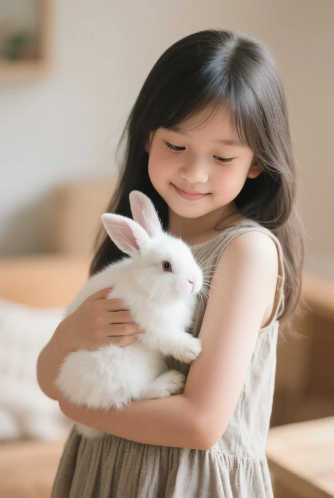there is a girl holding a small rabbit in her hands, segurando um coelho, cute and lovely, ultrarrealista doce coelhinho menina, coelhinho menina, lindo bonito, bonito bonito, com orelhas de coelho, com orelhas de coelho grandes, chinchila animal, coelhinho, jovem e bonito, lindo e bonito, Dora, a exploradora, como garota de verdade, com olhar encantador