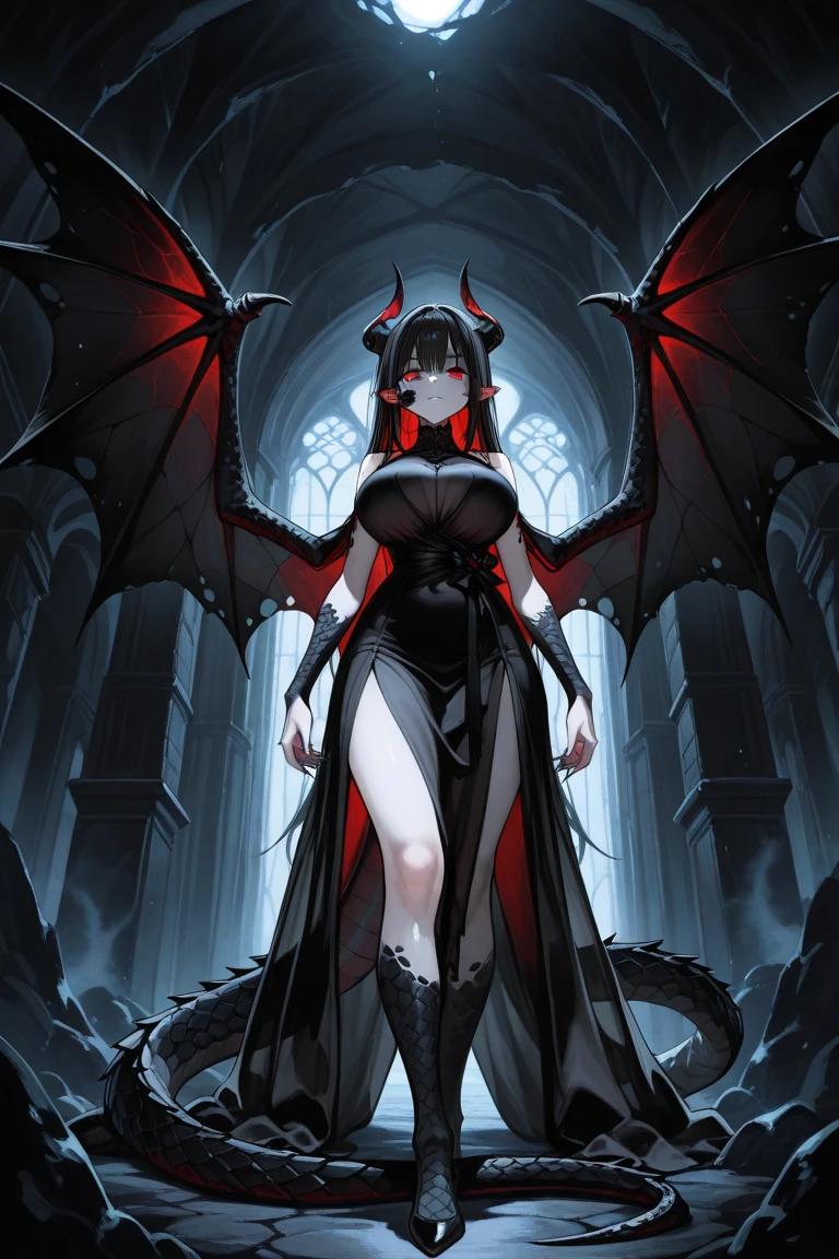 Illustration of a bat spreading its wings and flying、1 bat、A devil that combines creepiness and beauty、(femele:0.3 | the bats:1.8)、Atrocious、cruel、offensive、Ferocious、ruthless look、Red Eyes、Bat-like face、Fangs grow、(The arm is the wing of a bat:1.8)、(Full body:2.0)