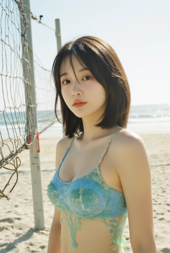 top-quality、女の子 1 a person、tiny chest、tag、with light glowing、blur backgroun、bokeh dof、Open Cafe)、(a person々、Large crowds:1)、Sweaty body playing tight sticky ivory colored crop top and denim shorts、damage jeans、a gorgeous(short-hair、Forehead:1.4)、Sareme、Beautiful sky with details、耳Nipple Ring、 (The upper part of the body:0.8)、Soft lighting、the wind、glowy skin、