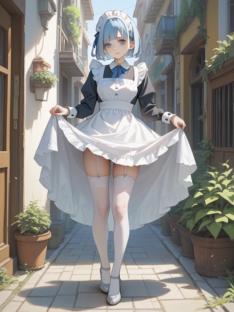 (masterpiece, best quality, supeior quality, intricate details, beautiful, aesthetic:1.2), high quality, 8k, RAW, ultra details, extremely dellicate and beautiful, real shadow, (dark colors:1) (challenging look), (dinamic pose:1.8), photorealistic, highly detailed painting, award winning painting, marvelous painting, artistic style, stylized, full body, kawaiitech, (((blue hair))), long hair, ((((sakura in hair)))), pastel colors, kawaii, large breasts, cute, kawaii, adorable, Flirty, clouds, blue sky, sun, landscape, (((city street))), daytime, sakura trees, perfect hands, cinematic light, (((watercolor))), maid uniform, frills, lace trim, lolita hairband, sneakers, white shoes, thighhighs, striped legwear, earrings, sakura earrings, striped thighhighs, pink thighhighs, standing, legs apart, panty shot, leaning forward, ((cutesy pose:1.5)), ((making heart pose:1.5)), cute colors, glitter, ,shimapan, cotton panties,kawaiitech, pastel colors, kawaii, cute colors,Detailedface,