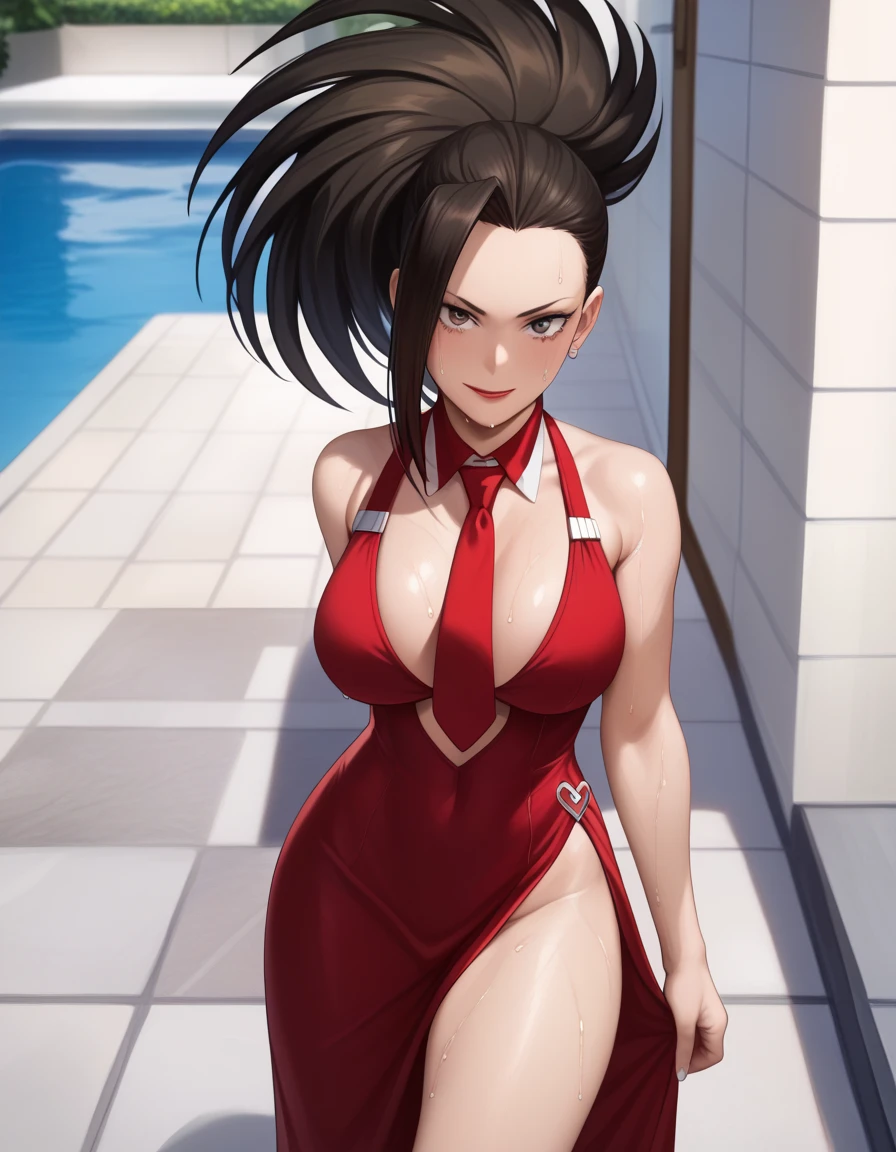 masterpiece, best quality, 1 girl, kinomoto sakura, antenna hair, brown hair, short hair, ponytail, green eyes, school swimsuit, hands behind head, one piece swimsuit, mouth closed, puffing out cheeks, angry, solo, looking at viewer, sea, sand, blue sky, tropical island background, sticking her ass out, sexy position, leaning on table looking at viewer, solo, outdoors, blue sky, park background