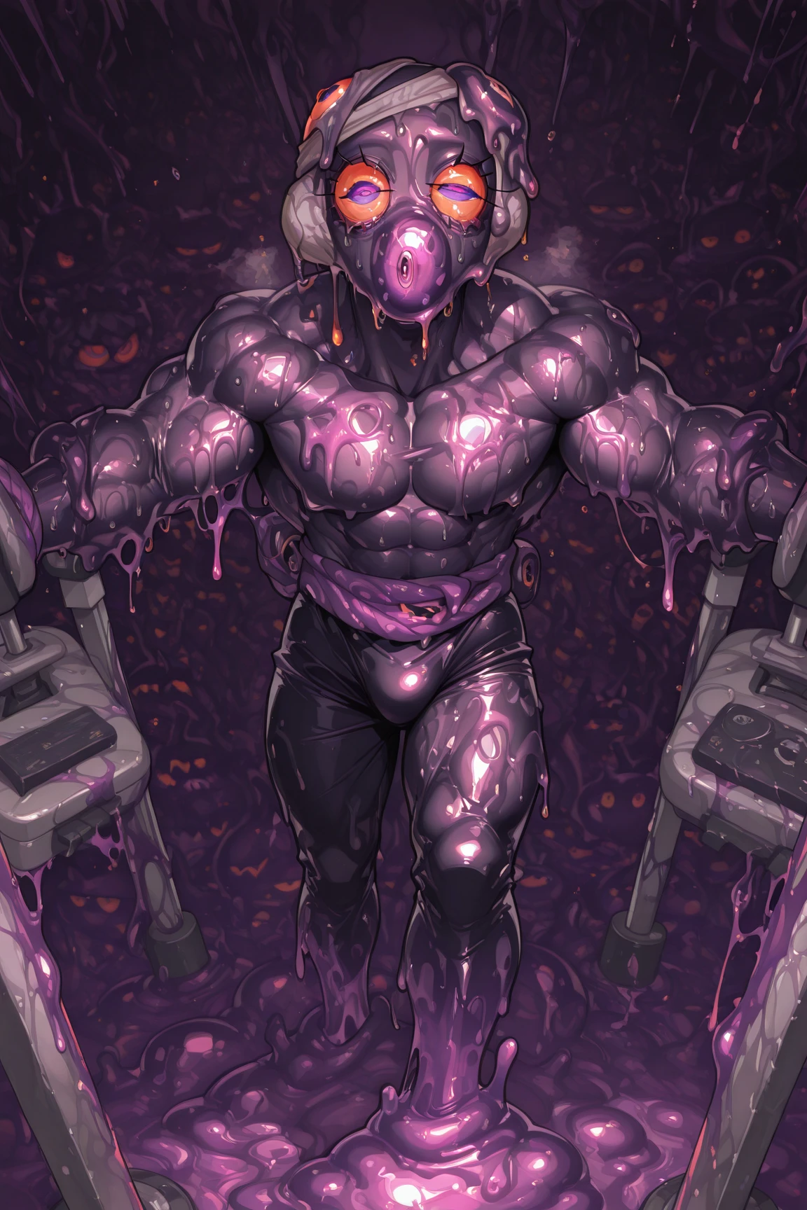 (high resolution,High definition,High Resolution,8k,Carefully depicted in every detail)Red body,Blue hood,Huge muscles,Ready your spear,bulging muscles,Huge erect ?????,Sharp teeth,Purple glowing eyes,Lots of drool,