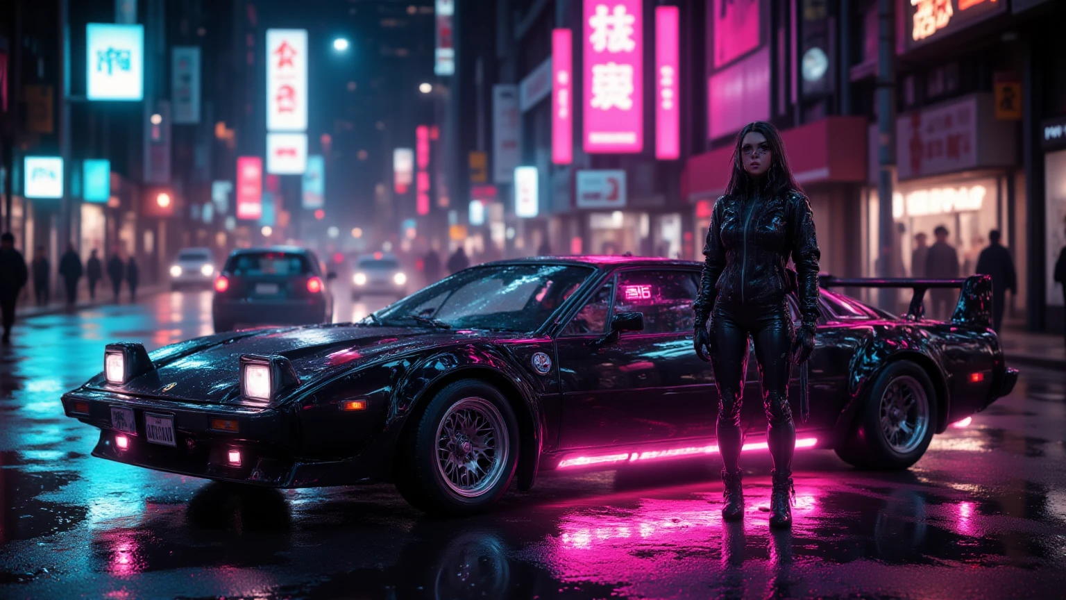 ((best quality)), ((masterpiece)), (detailed), a photo of a beautiful cyberpunk amazon, full body shot, long hair, long legs, medium breasts, carries a futuristic rifle, (dramatic pose:1.5), (heavy rain:1.3), lightning and thunderstorm, dystopian futuristic dark city at night, neon city lights, street life background, intricate, side light, ultra high res, professional lighting, high quality make up, eye makeup