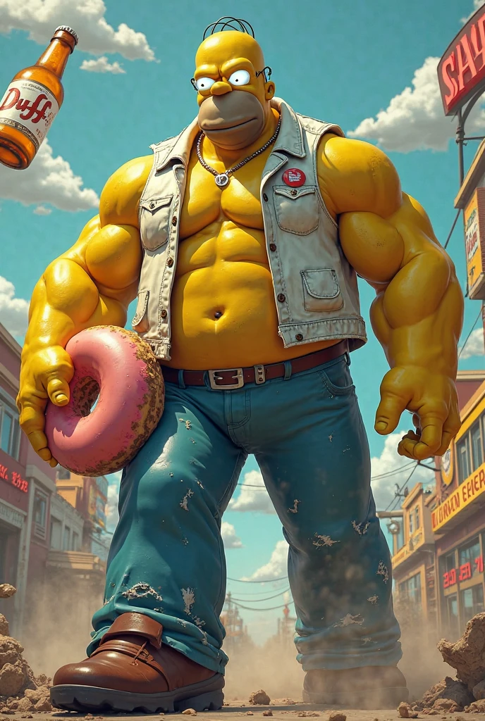 A muscular guy in a pink and colorful unicorn costume with an angry face holding a work card in a land full of candy