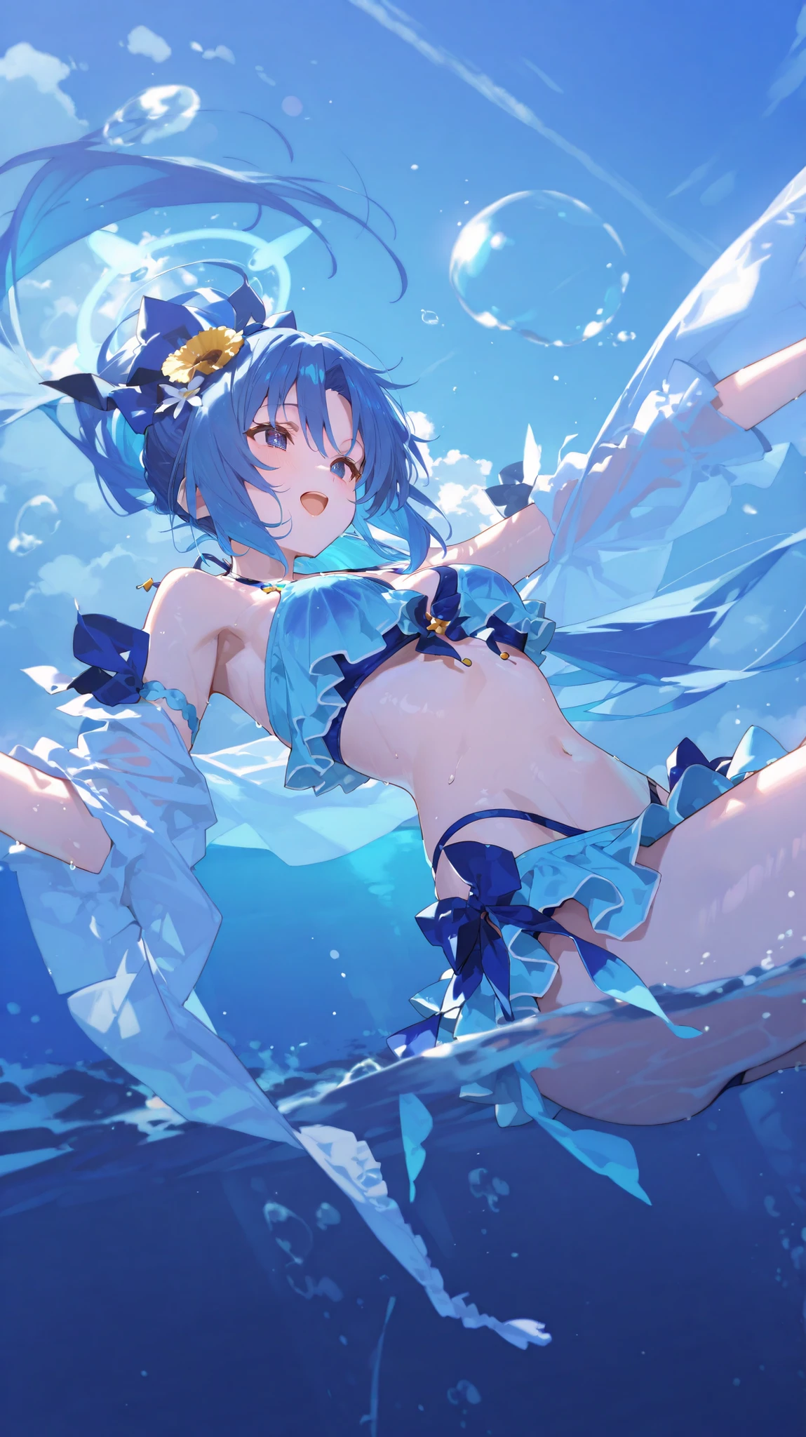 Ice Spirit, Solo, Girl, Sex, Ultramarine Color, Light Blue Hair, Disheveled Hair, Short Hair, Light Blue Eyes, Blue Nails, Blue Lips, Earrings, Ultra Mini Bikini, Water World, Icy Cold Expression, World's Most Beautiful Girl, Ecchi (Super Detail), Floating, Water