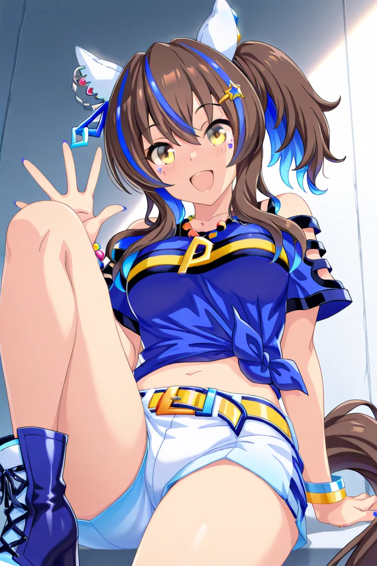 NSFW, masutepiece, (Head tilt), (trembling:1.1), (angry:0.9), (embarrassed:1.2), (blush), (floating:1.3), (midair:1.3), (Head down), (Curve:1.1), (Large breasts), (wind lift:1.4), (White panties:1.2), (Cameltoe:1.2), (On stage:1.4), (masutepiece:1.3) (Best Quality:1.2) (Illustration:1.2) (ultra-detailliert:1.2), Amicia Michela, Long hair, Brown hair, Long sleeves, hat, Green eyes, Jacket, hoods, off shoulders, Hoodie, Sandals, blue headwear, Drawstring, Orange Hoodie